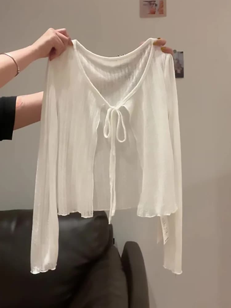Cardigan Sottile in Seta Ghiaccio Bianca con Protezione Solare da Donna, Copricostume a Sciarpa con Laccetti Frontali per Abiti, Maglia Estiva Casual