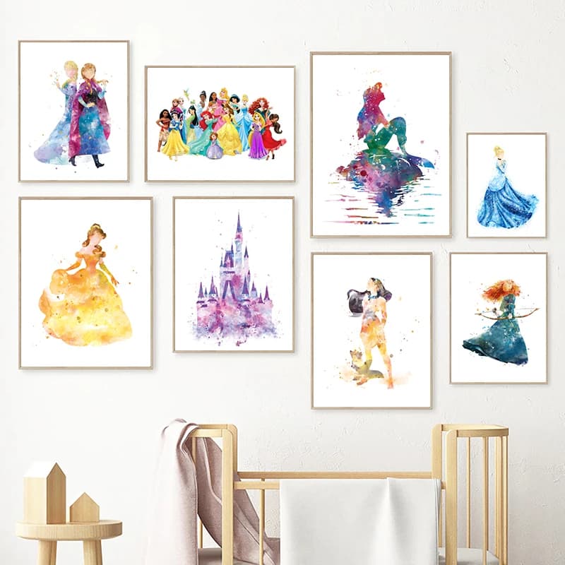 Poster Principessa ad Acquerello, Stampa Artistica da Parete per Cameretta, Quadro su Tela con Tutte le Principesse, Decorazione per Stanza delle Bambine