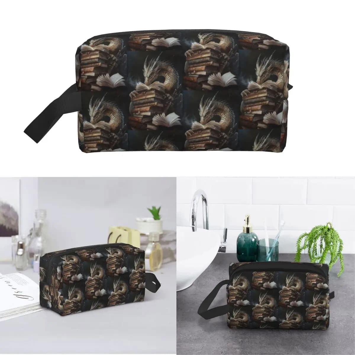 Book And Sleeping Dragon Makeup Bag Cosmetic Organizer Storage Dopp Kit Toiletry Cosmetic Bag for Women Beauty Travel