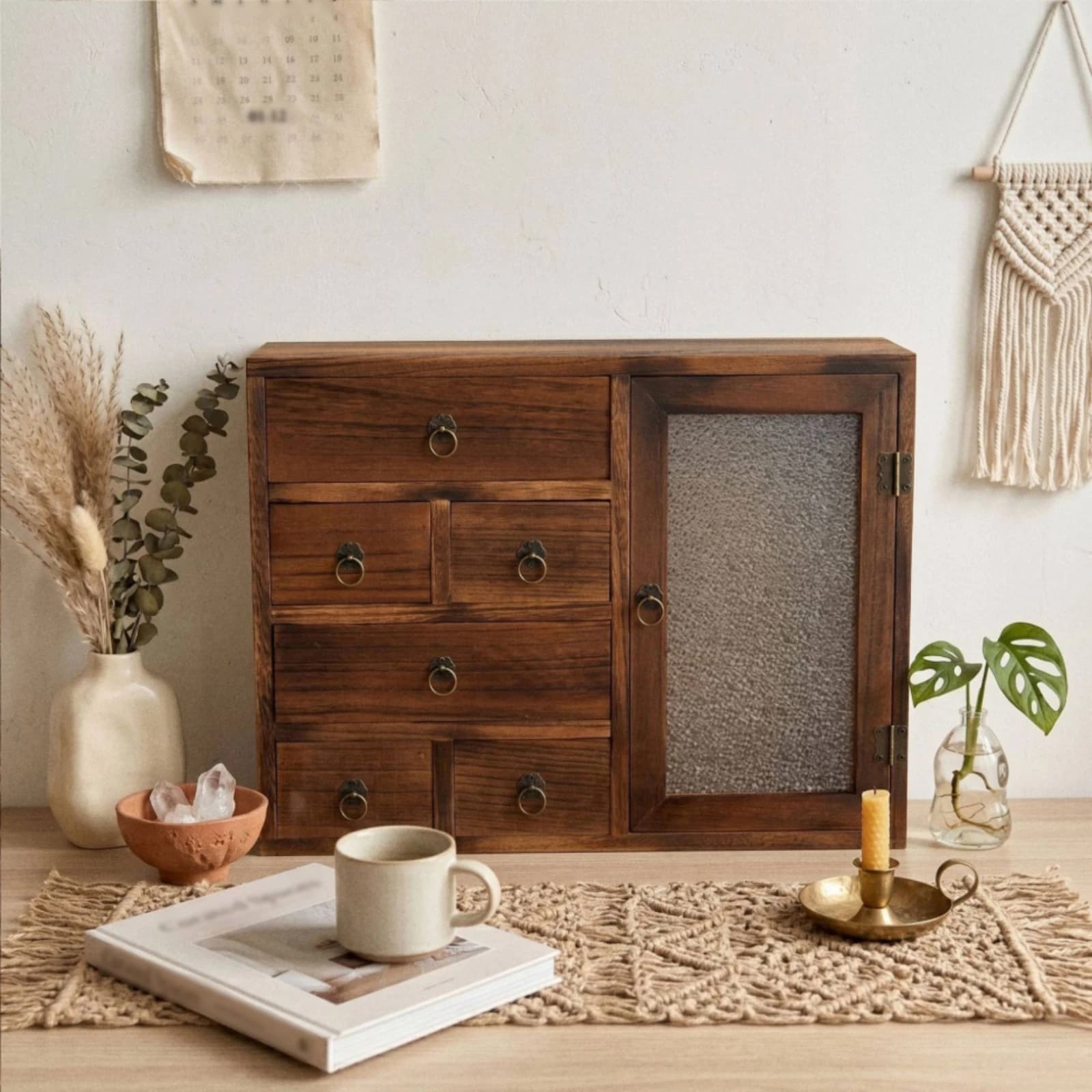 Wood Storage Cabinet Circular Pull Handles Drawer Cabinet Tabletop Organizer Hand-Finished Wooden for Office Desk
