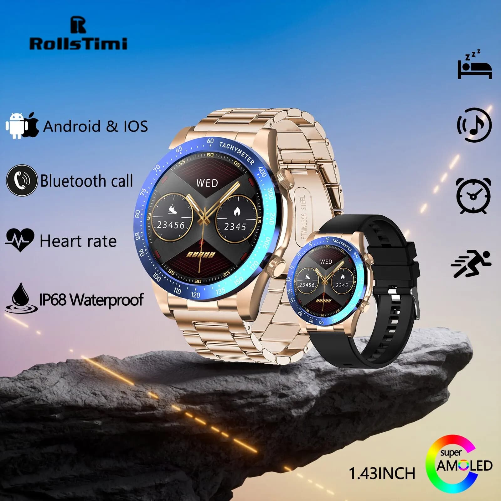 ROLLSTIMI Smartwatch Sportivo per Uomo e Donna, Display AMOLED da 1,43 Pollici, IP68, Monitoraggio Frequenza Cardiaca e Sonno, Notifiche Messaggi, Chiamate Bluetooth
