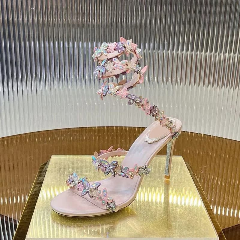 Sandals Summer Colored Crystal Flower Thin High-Heels Women Elastic Band Ankle Strap Gladiator Sandalias Banquet Dress Shoes