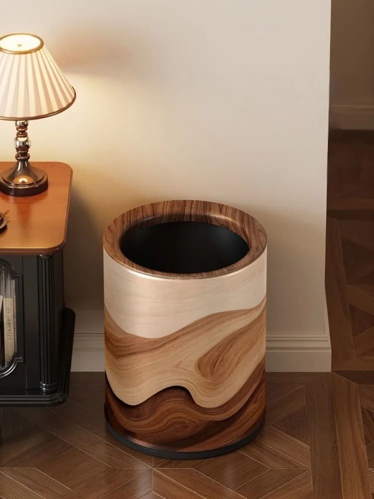Vintage Waste Bins Thickened Carbon Steel Metal Garbage Bins Office Study Wastebasket Wooden Style Luxury Kitchen Trash Can