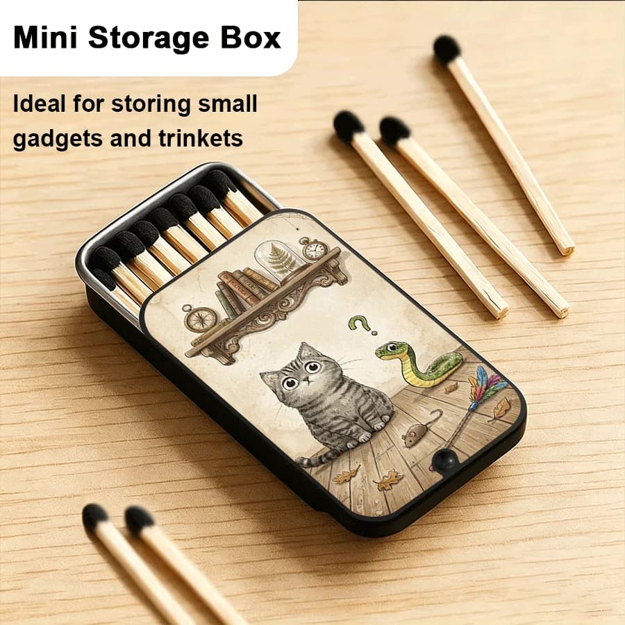 Study Mystery Catpattern Pocket Mini Metal Storage Box, Portable Empty Box, Small Jewelry Storage Box, Miniature Jewelry Organizer for Earrings and Rings, Travel-Friendly Mini Container (Contains No Items) metal match box