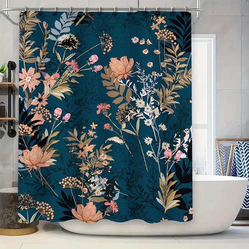 Elegante tenda da doccia floreale blu scuro con decorazioni in oro rosa Accessori da bagno moderni per la decorazione domestica (59 x 72 pollici)