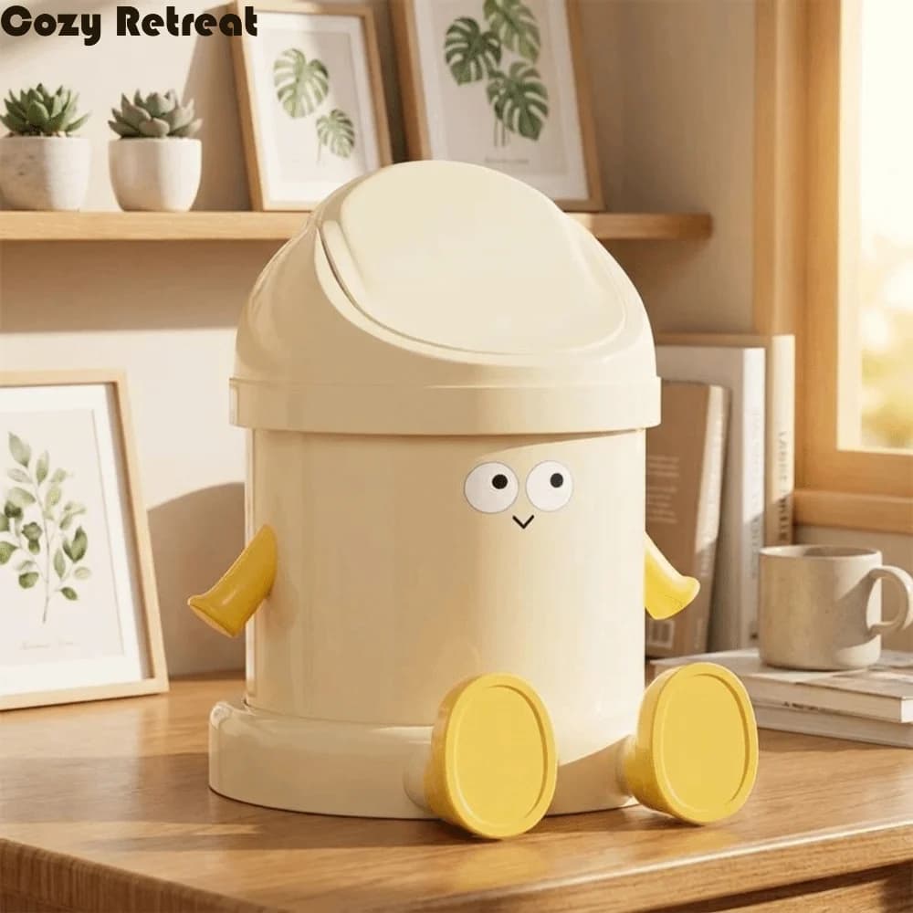 Creative Cartoon Desktop Trash Can Round with Lid Waste Bin Large Capacity Plastic Storage Bucket Study Room