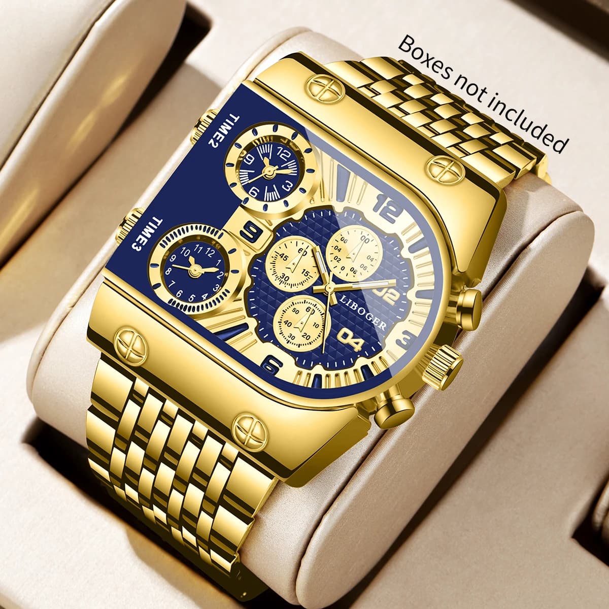 Luxury Multi Time Square Men Quartz Watch Stainless Steel Band Male's Sports Wristwatches Clock Relogio Masculino（Without Box）