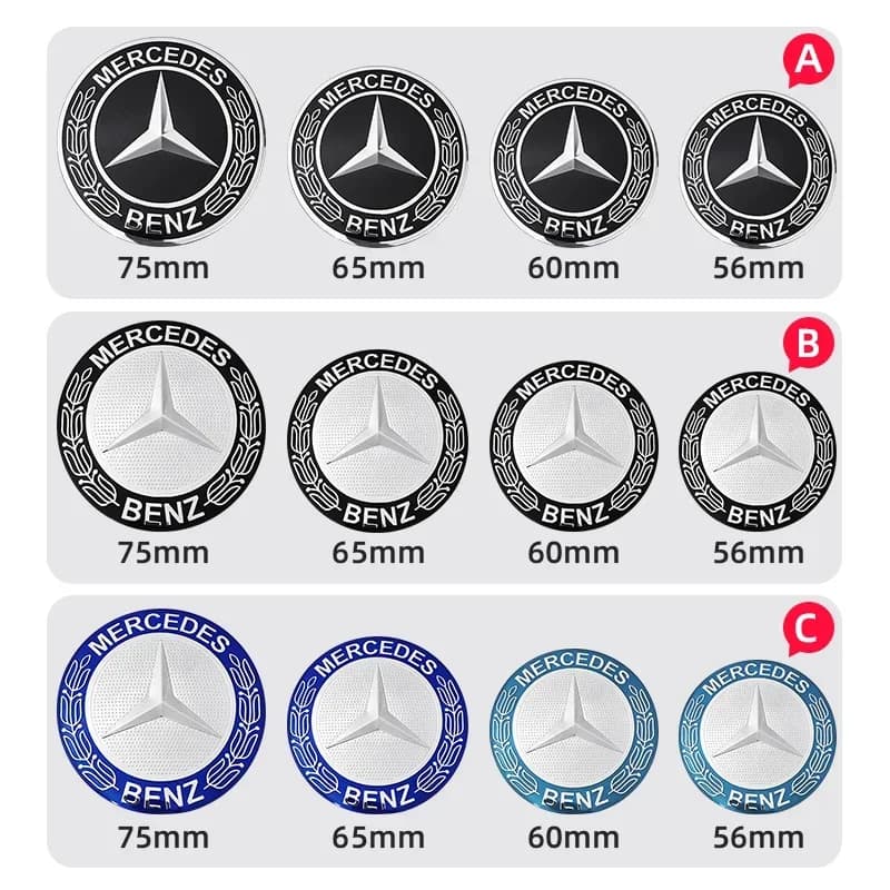 Coprimozzo/Copricerchio auto 56mm 60mm 65mm 75mm, adesivi per emblema, 4 pezzi, per Mercedes Benz W204 W205 W212 W213 W177 W176 W117 X253 W247