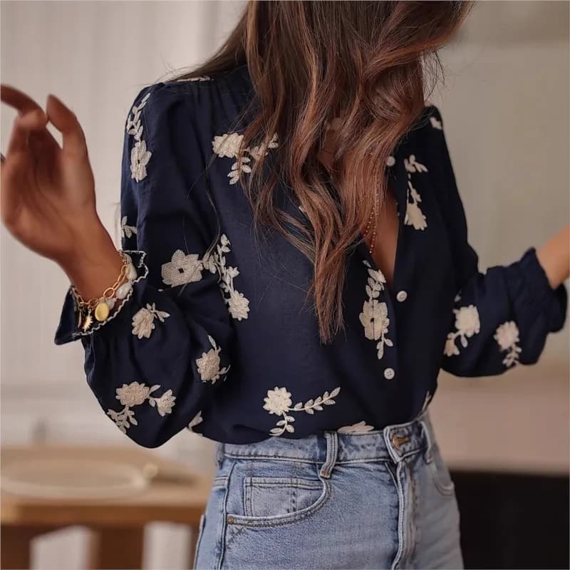 T-shirt a maniche lunghe 2026 Scollo a V abbottonato monopetto Top estivo Bohemian Versatile Pendolarismo in ufficio T-shirt con stampa floreale Top