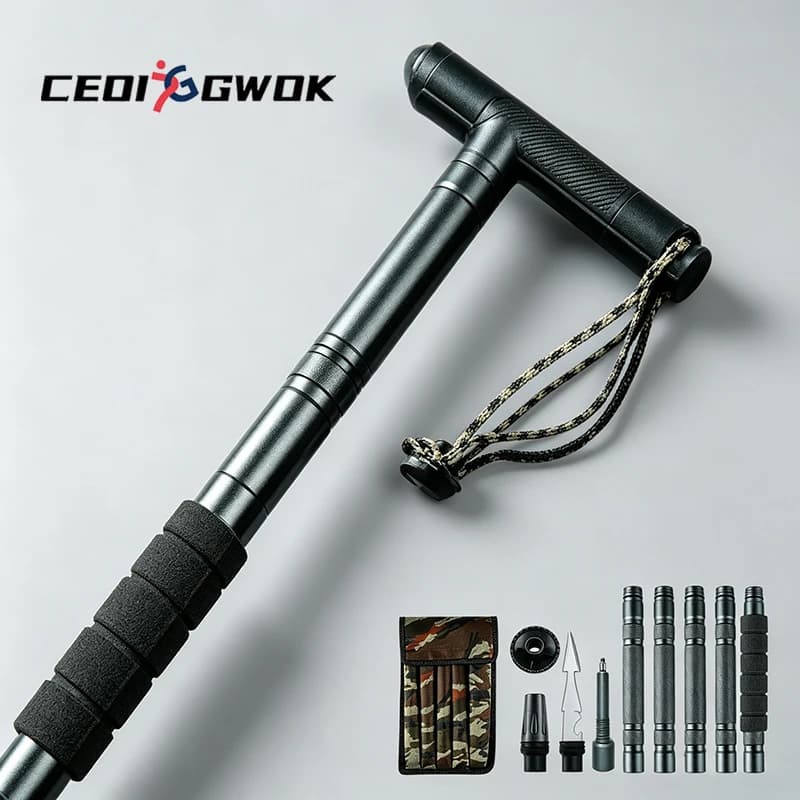 CEOI GWOK Outdoor Hiking Stick Foldable Trekking Pole 6063 Aluminum Adjustable Walking Stick Staff T Grip Trekking Poles