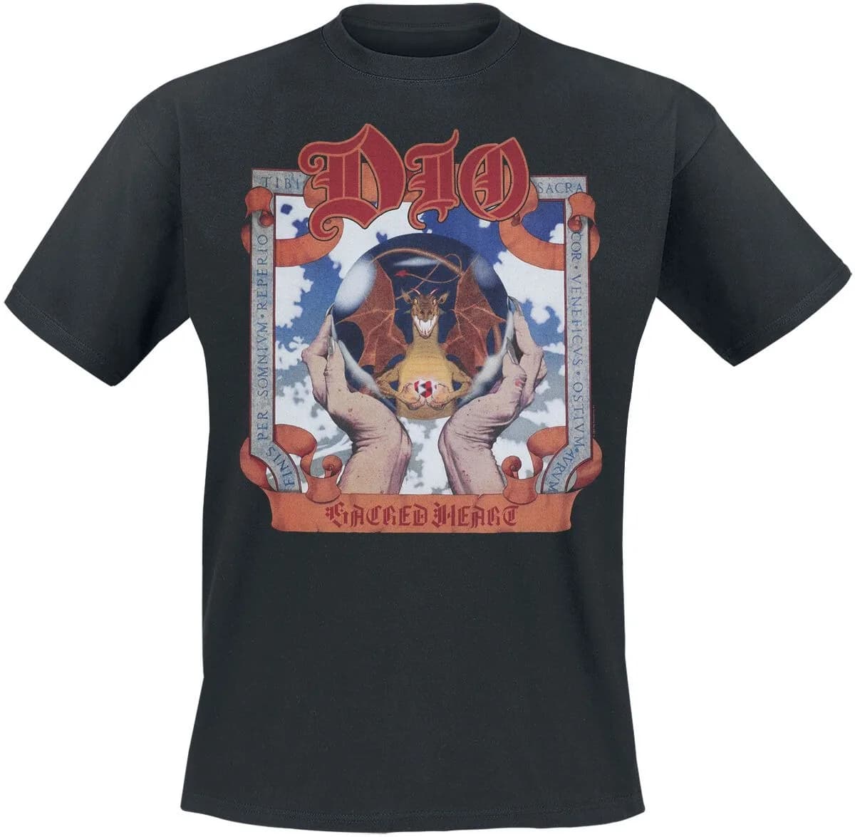 Maglietta dell'album Dio Sacred Heart, T-shirt Heavy Metal con grafica di drago e sfera di cristallo e stampa sul retro con testo, Merchandising per fan di Dio