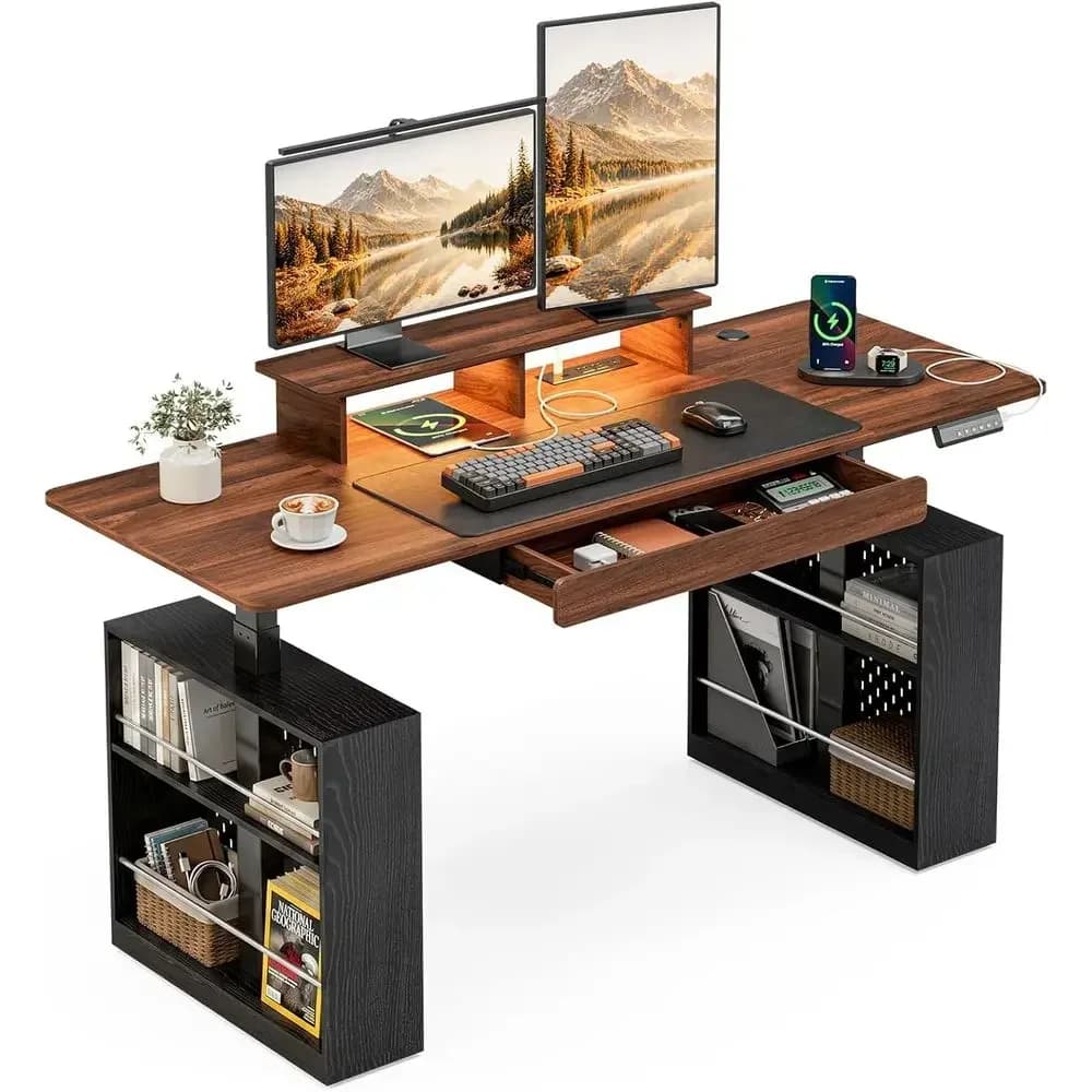 Ergonomic Electric Standing Desk with Storage, LED Lights, and Monitor Stand, 28.3-47.2 Adjustable Height, Walnut Finish