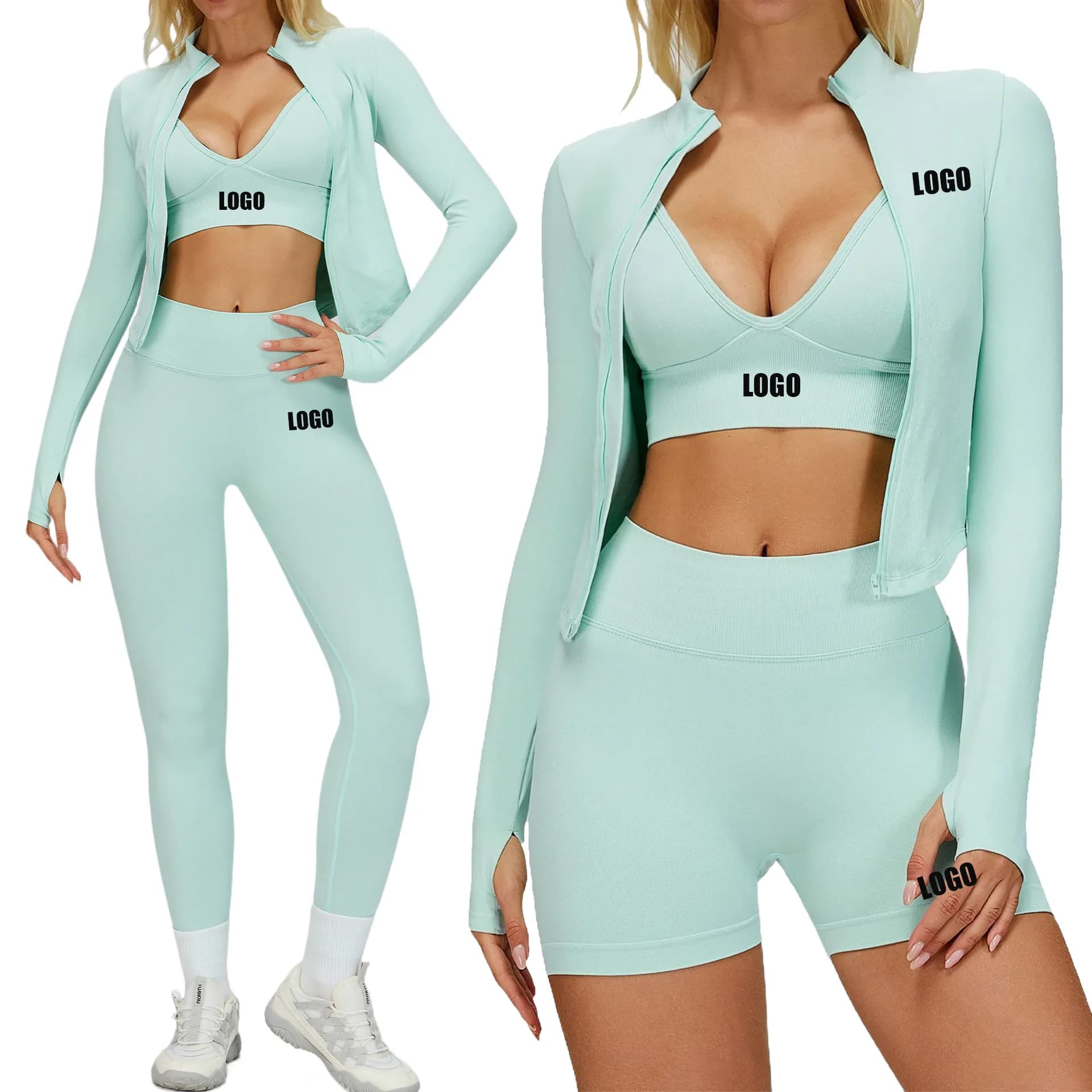 Custom LOGO women's seamless tight yoga quick-drying fitness suit outdoor running cycling sports three-piece set
