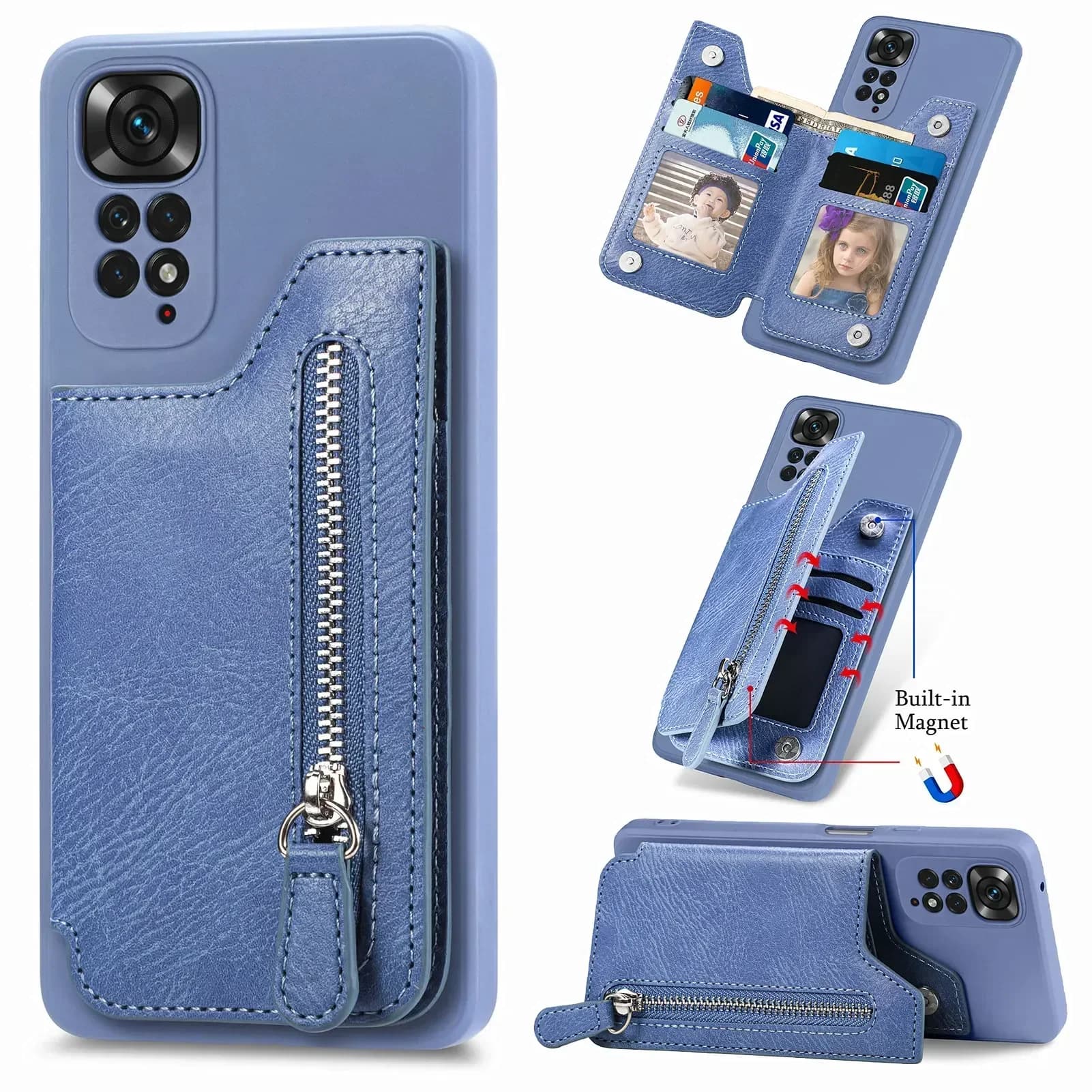 Titolare della carta Portafoglio in pelle con cerniera Custodia magnetica per XiaoMi Redmi Nota 14 13 12 11 11S 13C 10C X4 Pro 5G POCO X6 X3 NFC Bag Cover