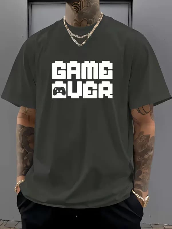 Men's Pixel Game Controller Graphic T-shirt Casual Olive Green Short Sleeve Streetwear Hip Hop Style Cotton Tee Summer Top