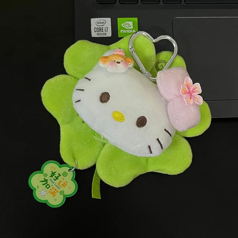 Four Leaf Clover Hello Kitty Plush Keychain Kawaii Cherry Blossom Bow Kt Heart Shaped Keychain Cute Backpack Charm Ornament Gift