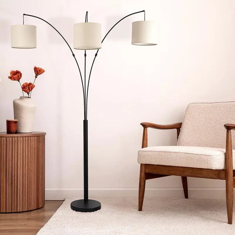 Oil-polished bronze floor lamp with flax lampshade and 4-way rotary switch for adjustable lighting