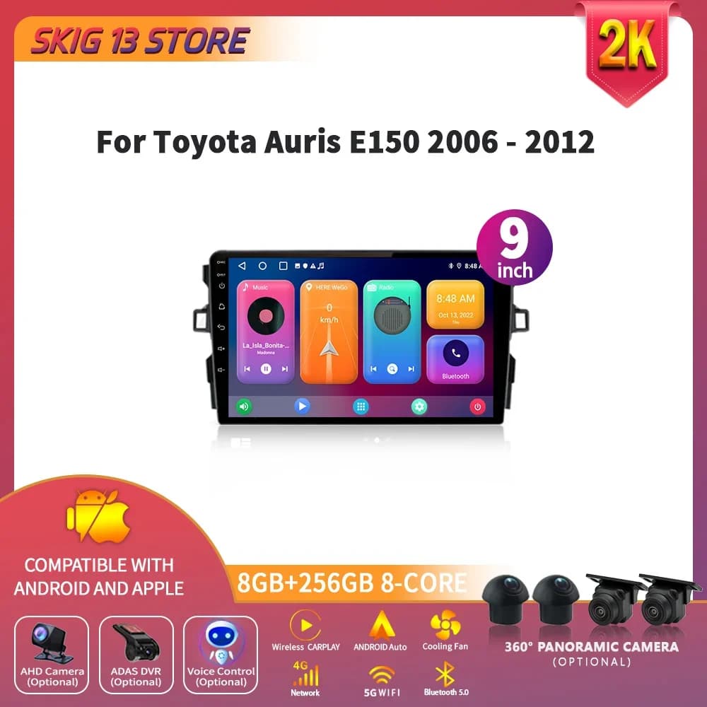 Car Head Unit Radio Multimedia Navigation Carplay Stereo Video Player Bluetooth Android 14 WIFI For Toyota Auris E150 2006-2012