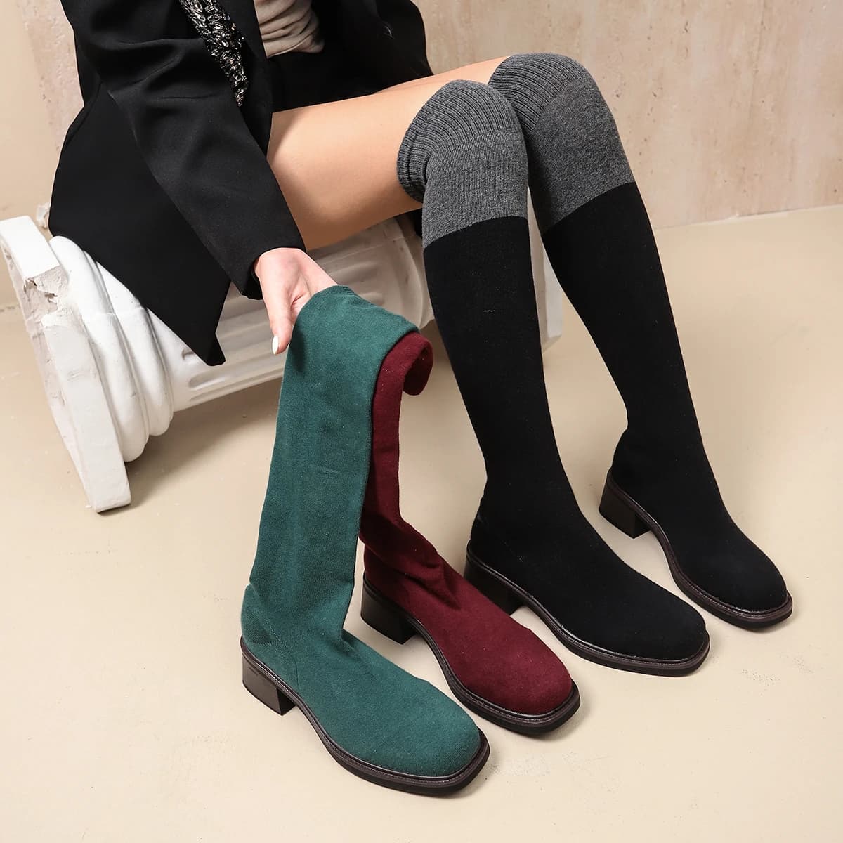 2026 New Spring/Autumn Women Fashion Simple Style Thick Heel Over-The-Knee Boots Knitted Comfort Breathable Mid Heel Women Shoes