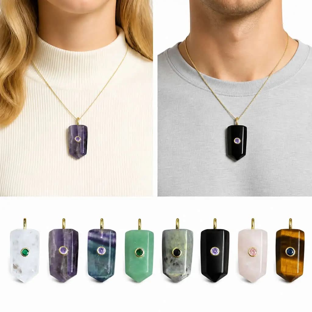 18x38mm Natural Crystal Healing Stone Arrow Pendant Gold Tone Quartz Amethyst Fluorite Aventurine Labradorite Obsidian Tiger Eye