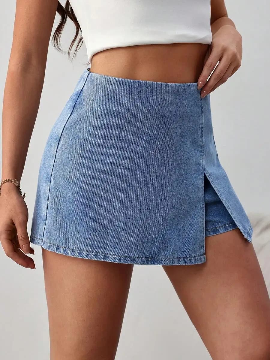 Women Denim Skort Shorts With Side Slit Casual Mini Skirt