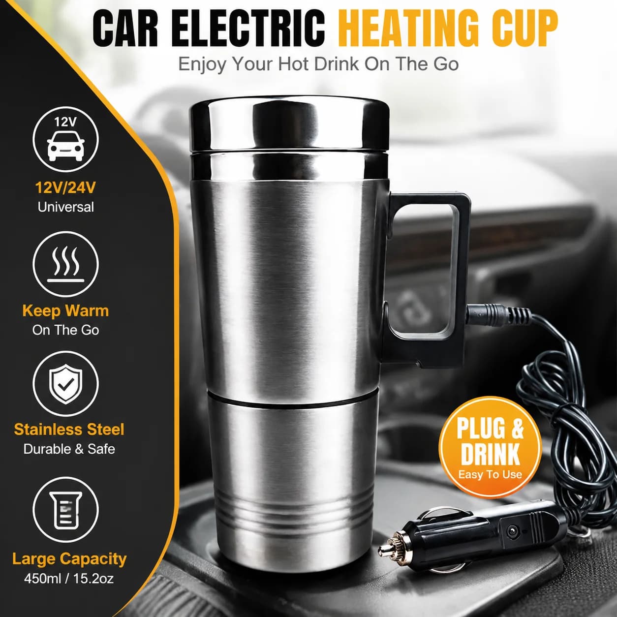Tazza Elettrica Riscaldante/Raffreddante per Auto 300ml 12V/24V DC, Bollitore da Viaggio USB Sicuro e Rimovibile, Accessorio Invernale per Auto