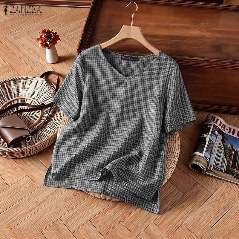 Woman Summer Short Sleeve Plaid Blouses O-Neck Side Slit High Low Checked Tops ZANZEA Vintage Casual Daily Wear Blusas Mujer 3XL