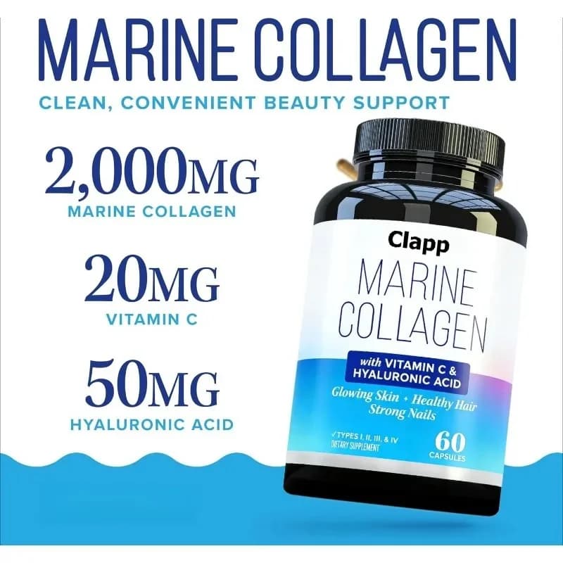 Capsule di Collagene Marino Contengono Acido Ialuronico e Vitamina C | 2000mg per Porzione per il Supporto della Salute di Pelle, Capelli, Unghie e Articolazioni