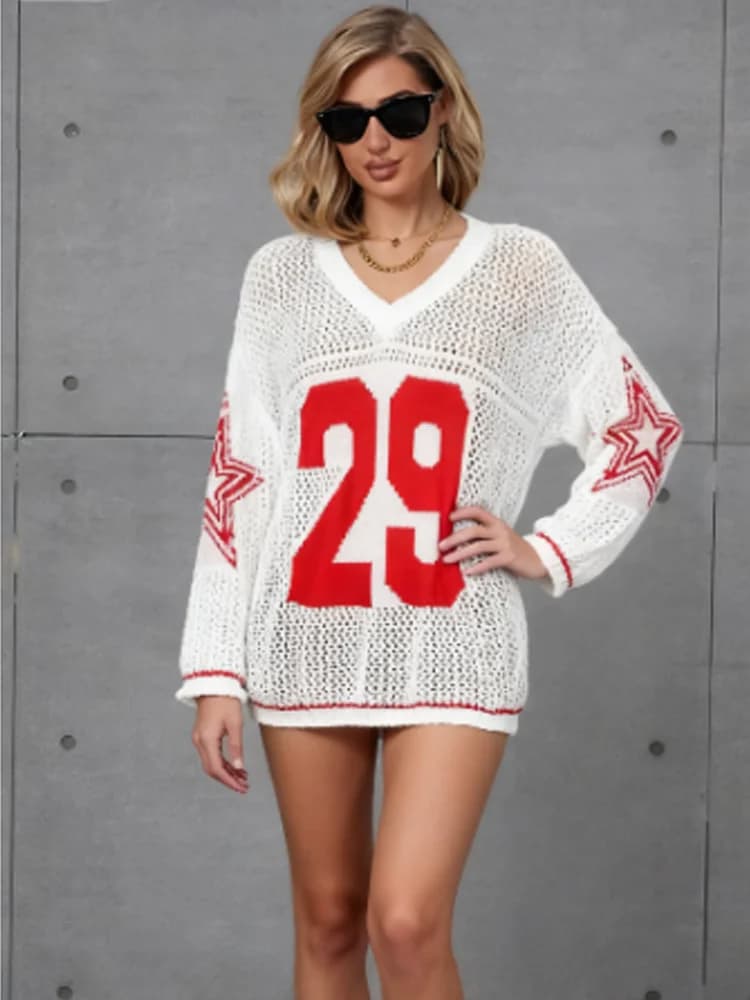 Maglione a maniche lunghe con scollo a V Nibber da donna con stampa digitale patchwork natalizio casual trasparente streetwear pullover quotidiano di base