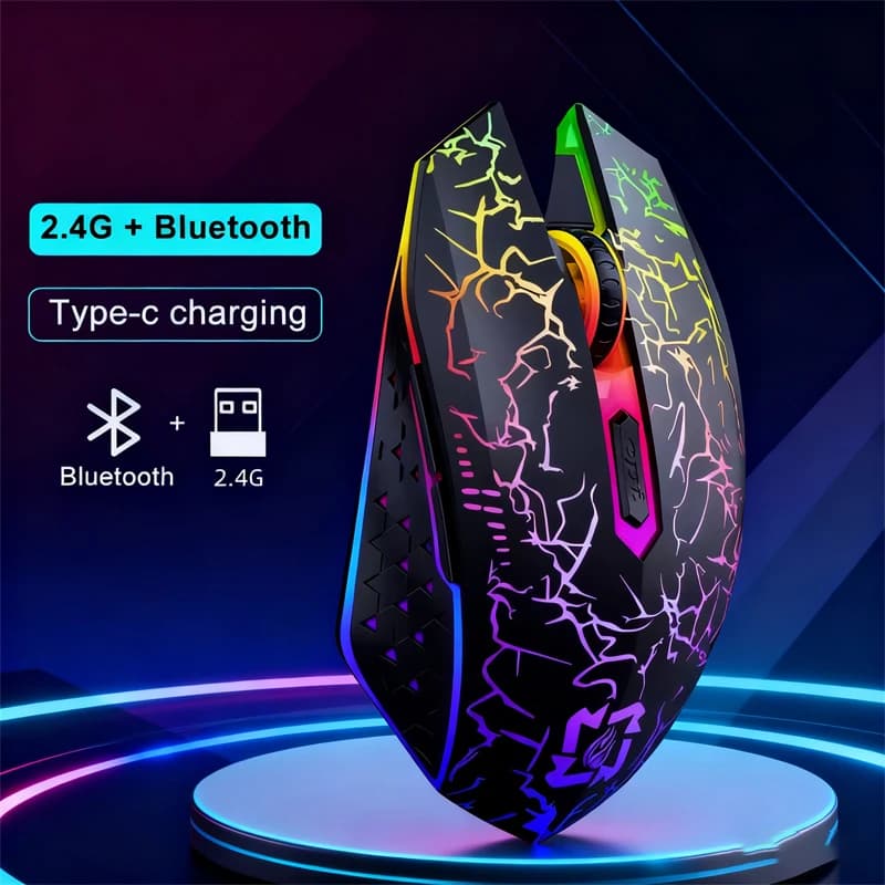 Dual-mode Wireless Gaming Mouse Connection 2.4G+Bluetooth Type C recharges fast colored lights.