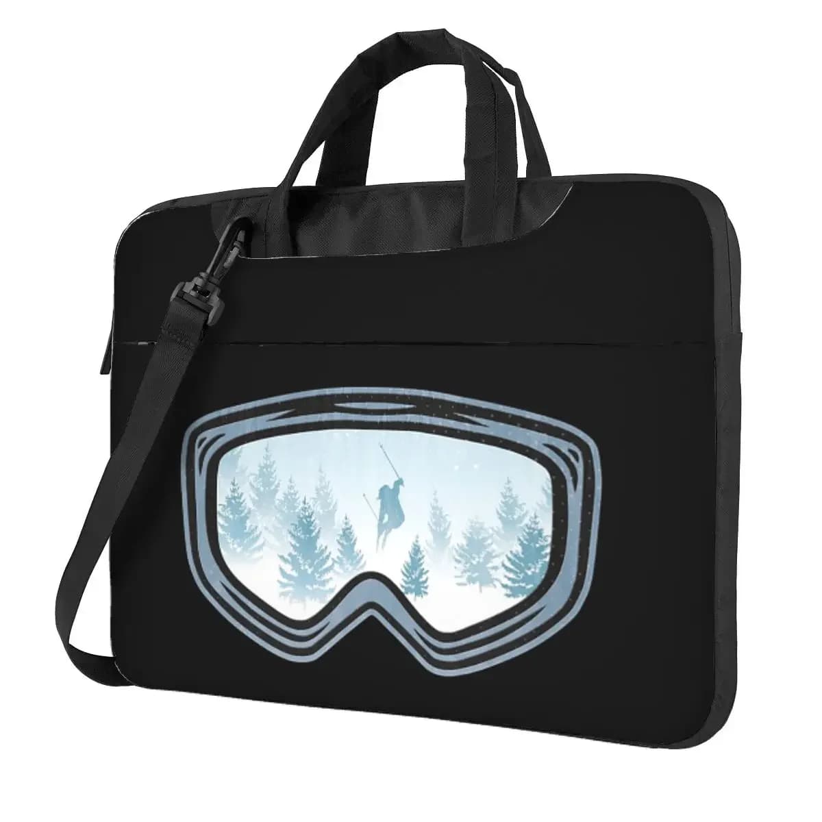 Borsa a tracolla per laptop con silueta di skiatore e foresta innevata, custodia per computer da 13, 14, 15.6 pollici, sacchetto per notebook compatibile con MacBook Pro