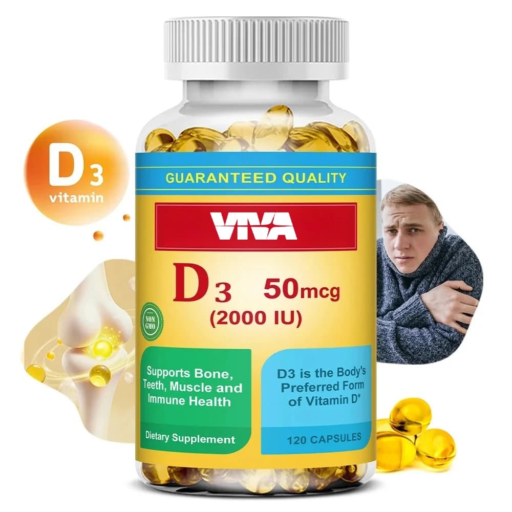 Vitamin D3 2000 IU (50 mcg), extra-resistant vitamin D supplement for bone and immune health support, food supplement