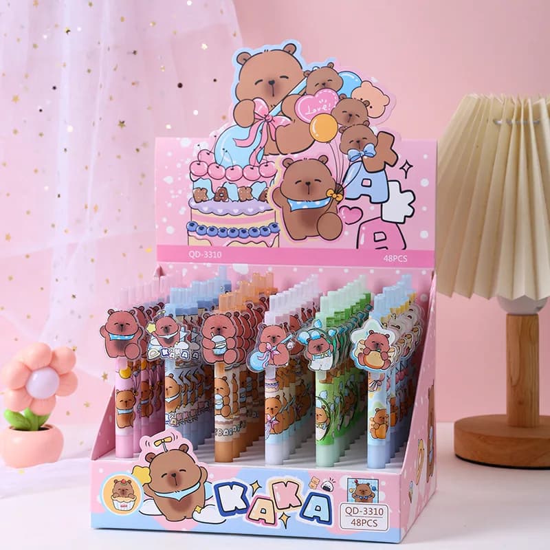 Set da 48 Penne Gel a Sfera a Pressione Nere da 0,5 mm con Cappuccio a Forma di Capibara Cartone Animato, Forniture per Studenti e Ufficio