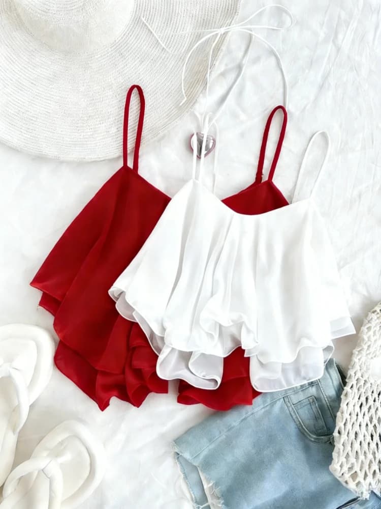 Top Corto Estivo da Donna in Chiffon Leggero con Spalline Sottili e Volant, Blusa Senza Maniche Fluida per Feste e Uso Quotidiano