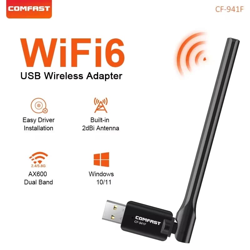 Comfast Adattatore USB WiFi6 AX600 Scheda di rete wireless senza driver 600Mbps 2.4G/5.8G Ricevitore antenna WiFi 3dBi per Win7/10/11