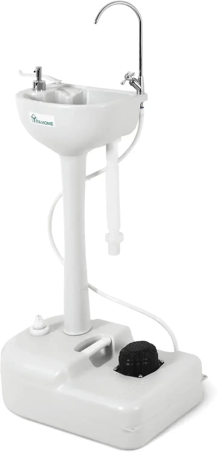 AFor Stazione di lavaggio a mano da campeggio per lavello portatile aggiornata con supporto per lavabo da 17 litri, ruote rotanti, dispenser di sapone, asciugamano H
