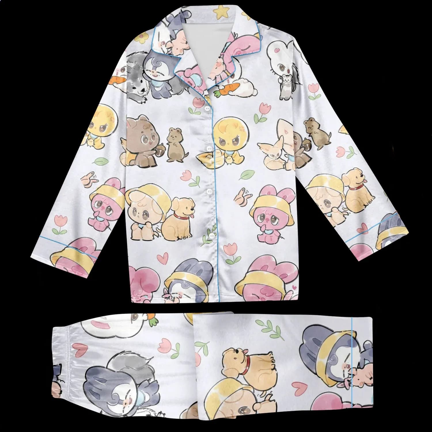 Kpop Stray Kids SKZOO Cartoon Satin Pajama Cosplay Fan Set Unisex Long Sleeve Lapel Button Sleepwear 2Pcs Animal Print Loungewea
