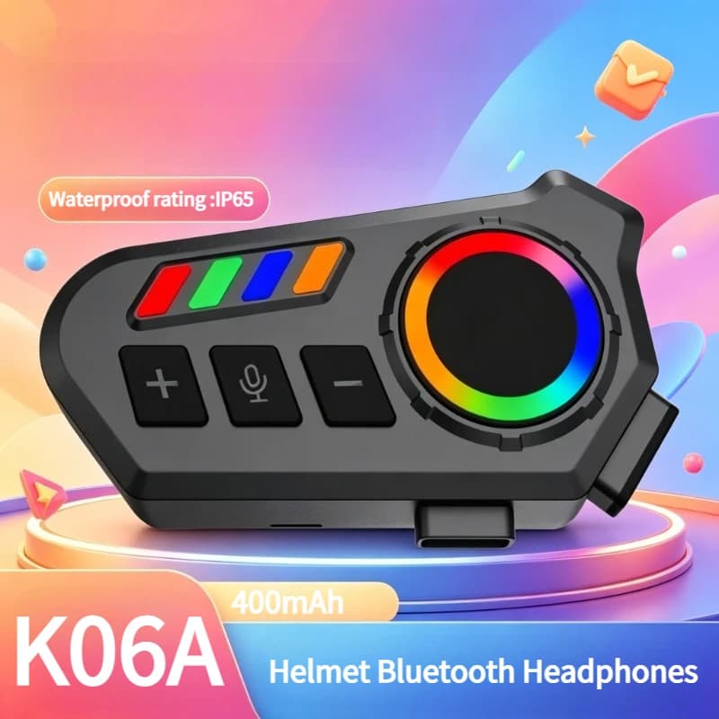 K06A Bluetooth Helmet Headphones, IP65 Waterproof 400mAh Battery Wireless Headset with Handsfree Call & Voice Control