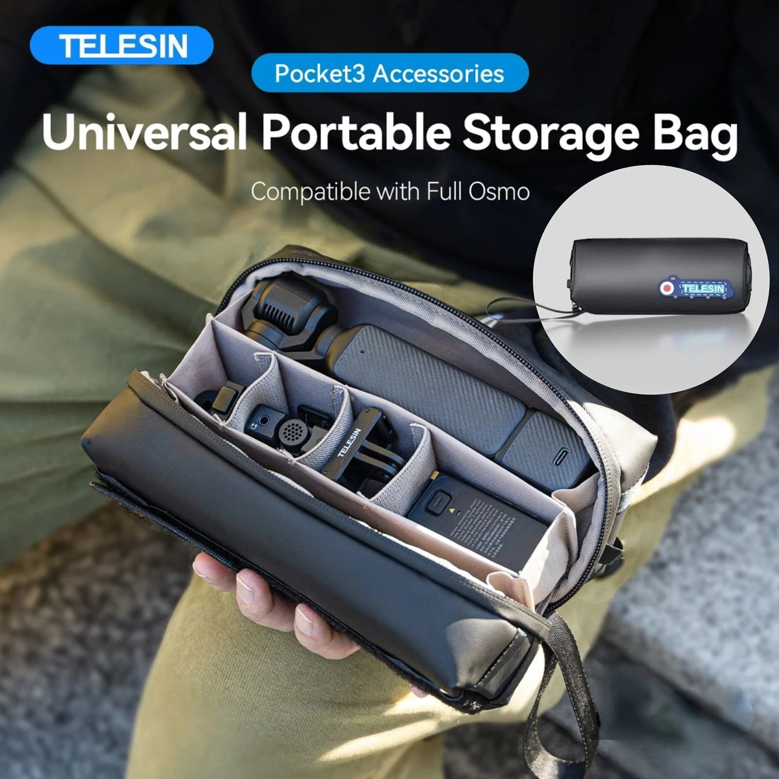TELESIN Portable Transport Bag for DJI OSMO Pocket 3 Accessories Custom Velcro Travel Protective Bag Action Camera
