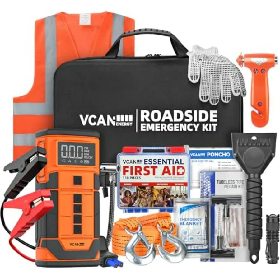 Avviatore di Emergenza Portatile 12V con Compressore d'Aria, Kit di Emergenza Stradale per Auto, Camion, SUV, Strumento di Emergenza per Donne, Uomini e Adolescenti