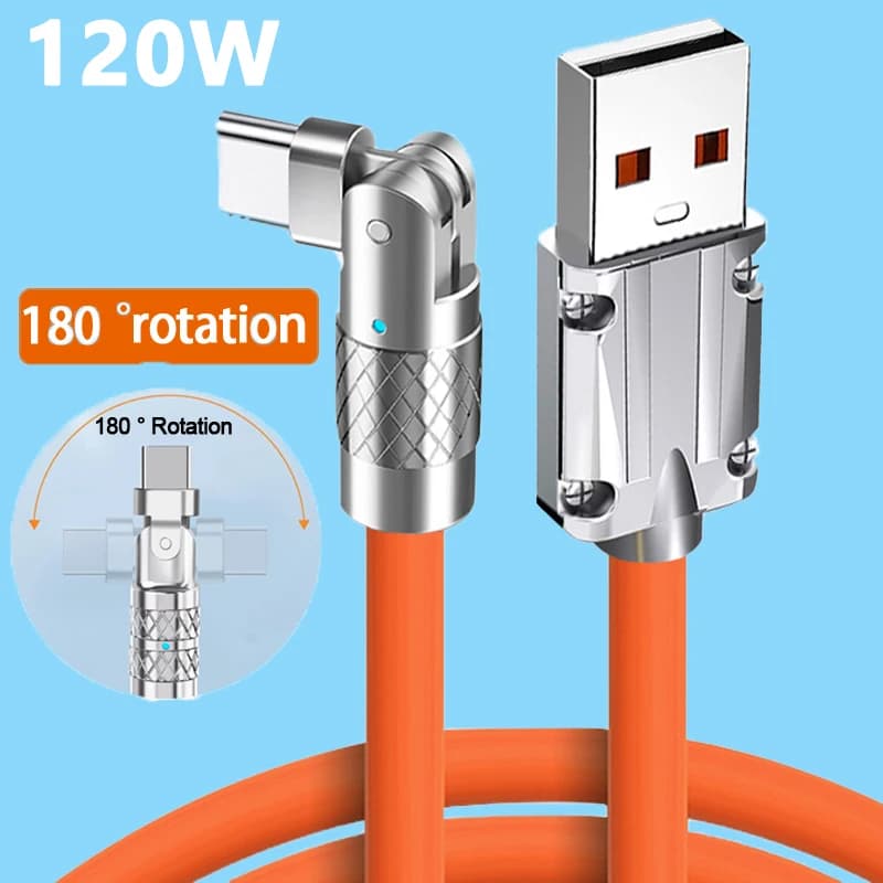 120W 6A USB C 180° ° Cavo di ricarica rapida PD con connettore girevole per iPhone, Samsung, Xiaomi, con tecnologia Quick Charge 3.0.