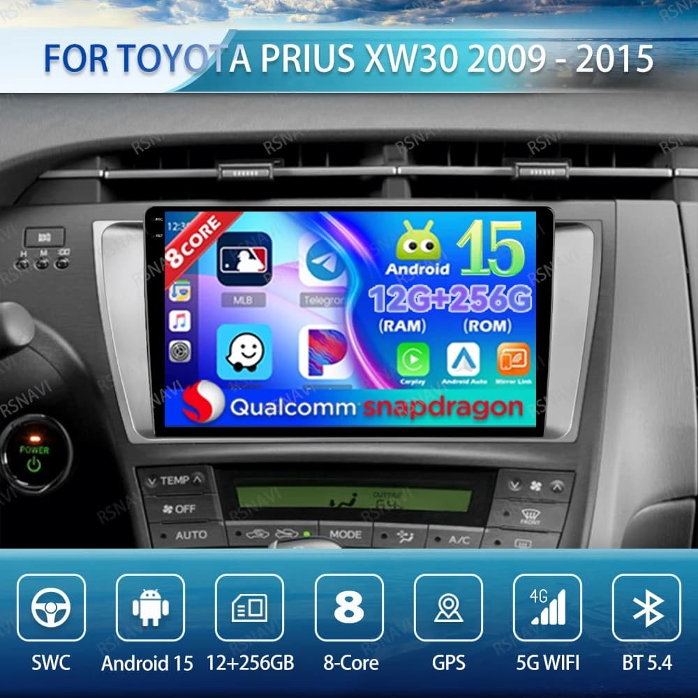 Android 15 Autoradio For Toyota Prius XW30 2009 - 2015 Autoradio Wireless Carplay Auto BT QLED Navigation GPS Multimedia DSP DVD