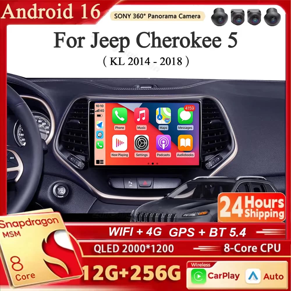 Autoradio Android 16 con Carplay e Auto, Navigazione, Lettore Multimediale Stereo QLED 4G per Jeep Cherokee 5 KL 2014 - 2018