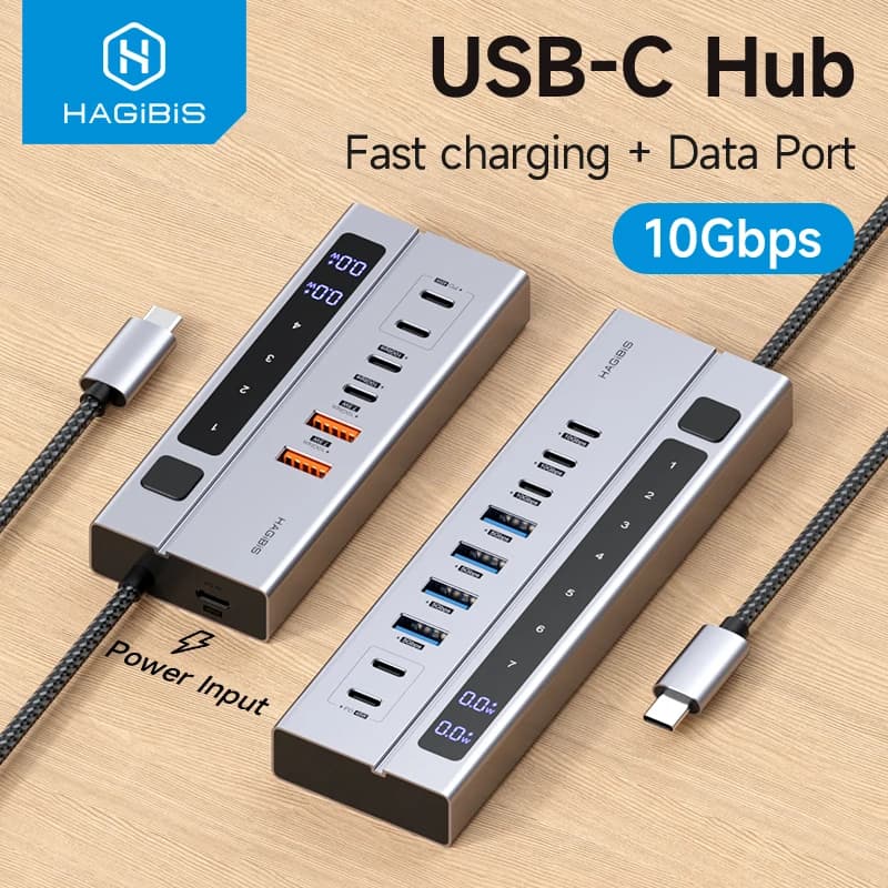 Hagibis USB C HUB Tipo-C Docking Station Interruttori on/off individuali con display a LED Splitter USB C da 10 Gbps per MacBook Pro Air