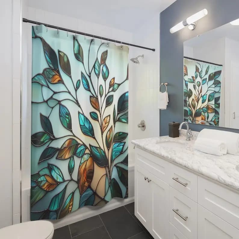 Tenda da doccia in vetro colorato con albero di salice - Design acquerello verde acqua e ambra, decorazione per il bagno spa per la casa ispirata alla natura
