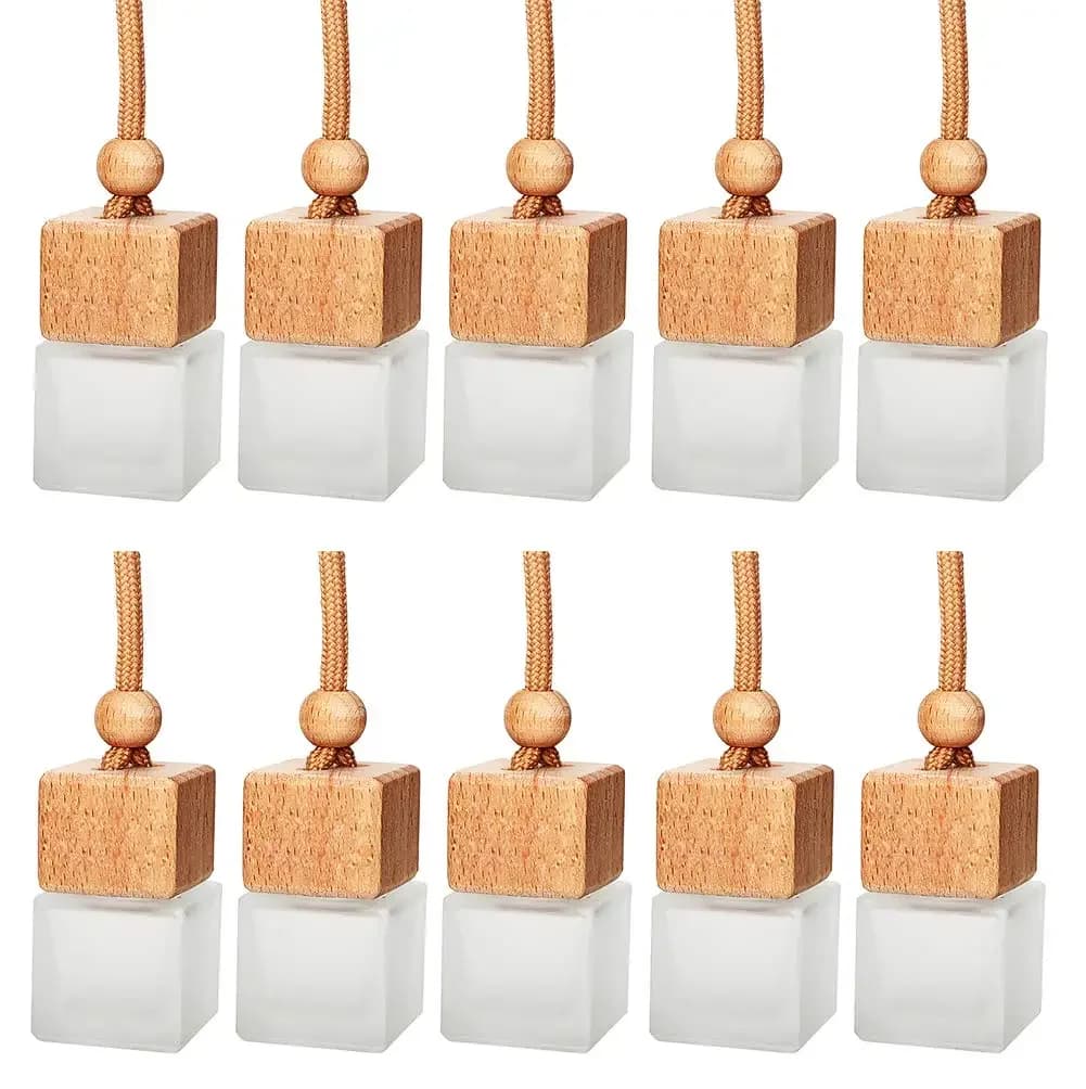 10pcs 8ml Frosted Square Glass Car Air Freshener Diffusers With Natural Wood Caps And Braided Hanging Cord