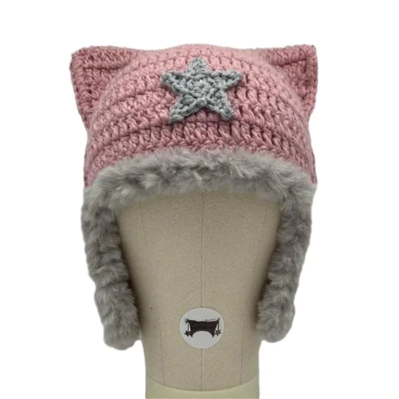 Knit Stripe Pattern Ear Hat Elastic Windproof Hat with Star Tassels Ear Protector Hat Winter Cycling Skiing Hat