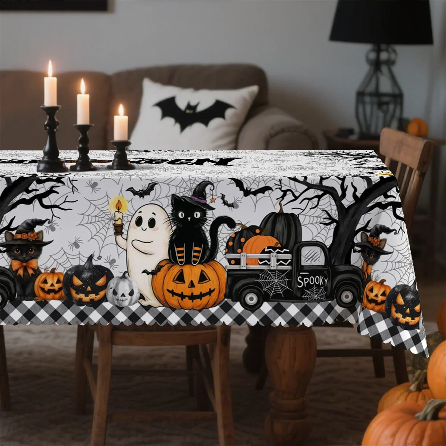 Buffalo Gator truck pumpkin ghost with dead tree spider cat Halloween tablecloth - 1 pack suitable for kitchenxzj