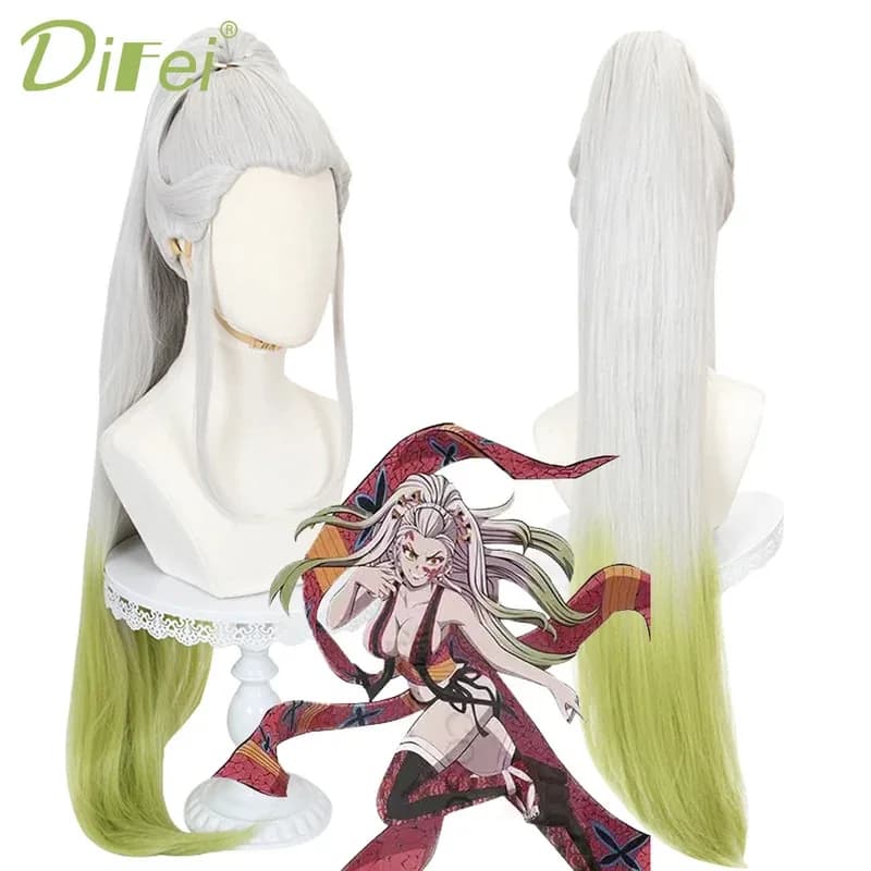 DIFEI Synthetic Female Demon Slayer-Daki Silver-white Gradient Yellow-green Tiger's Mouth Clip Ponytail Cosplay Party Wigv;2,r'6