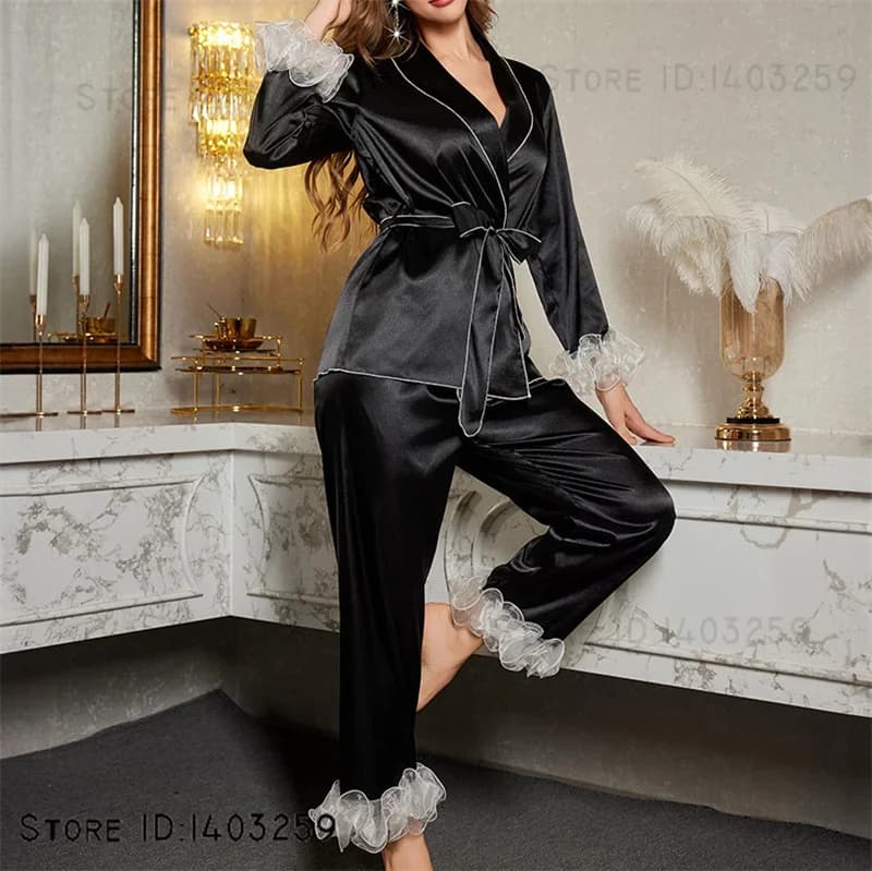 Pigiama da donna Set da 2 pezzi Moda Ics Seta Abbigliamento per la casa Cardigan a maniche lunghe Pantaloni Pigiama Abiti Indumenti da notte larghi Abbigliamento da salotto